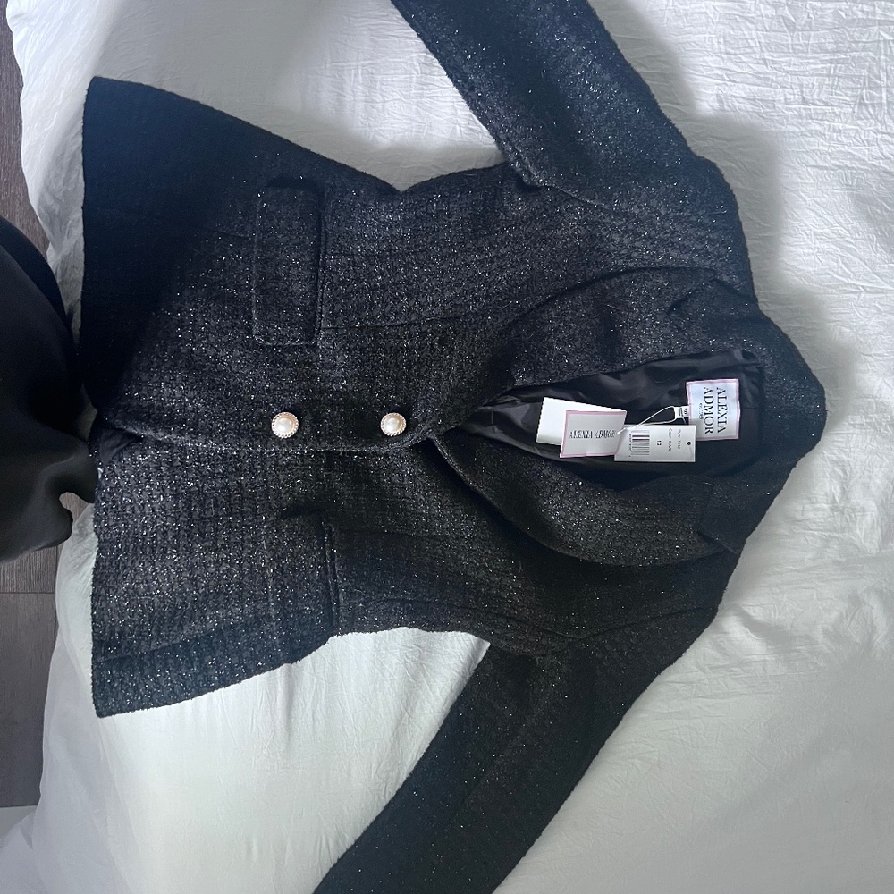 Black shimmer tweed blazer with pearl buttons